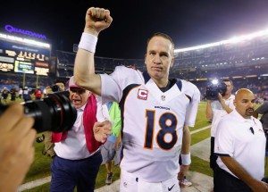 Denver Broncos quarterback Manning celebrates his team's come-from-behind win over the San Diego Chargers following their Monday Night NFL football game in San Diego