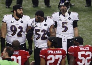Baltimore Ravens inside linebacker Ray Lewis reacts before the coin toss in the NFL Super Bowl XLVII football game in New Orleans