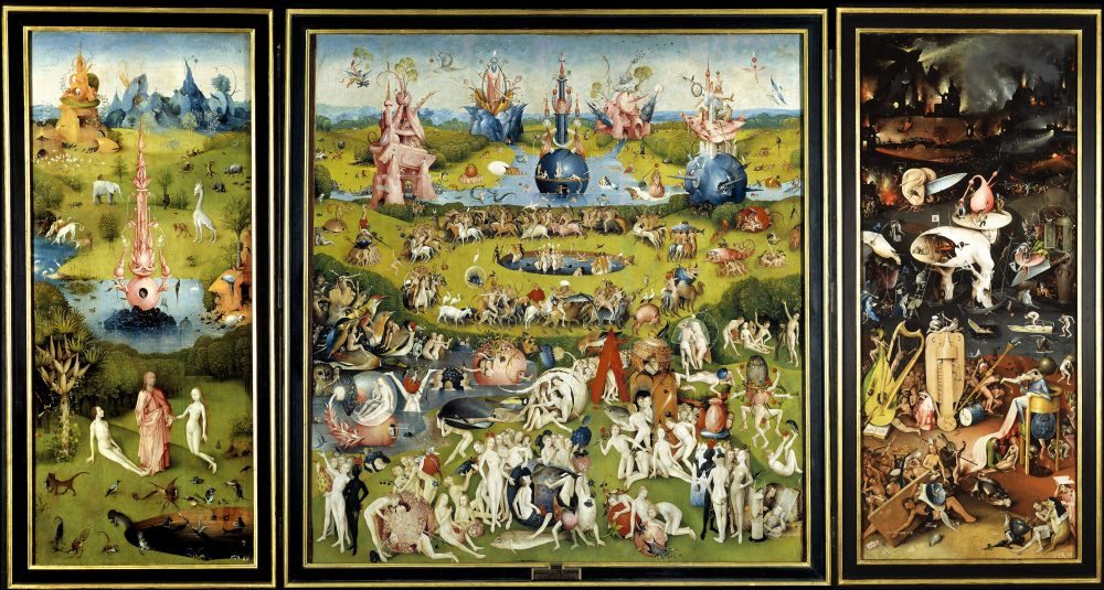 Tríptico del jardín de las delicias. El Bosco. Óleo sobre tabla. 185,8 x 172,5 cm (tabla central); 185,8 x 76,5 cm (tablas izquierda y derecha) h. 1490-1500 Madrid, Museo Nacional del Prado. Depósito de Patrimonio Nacional