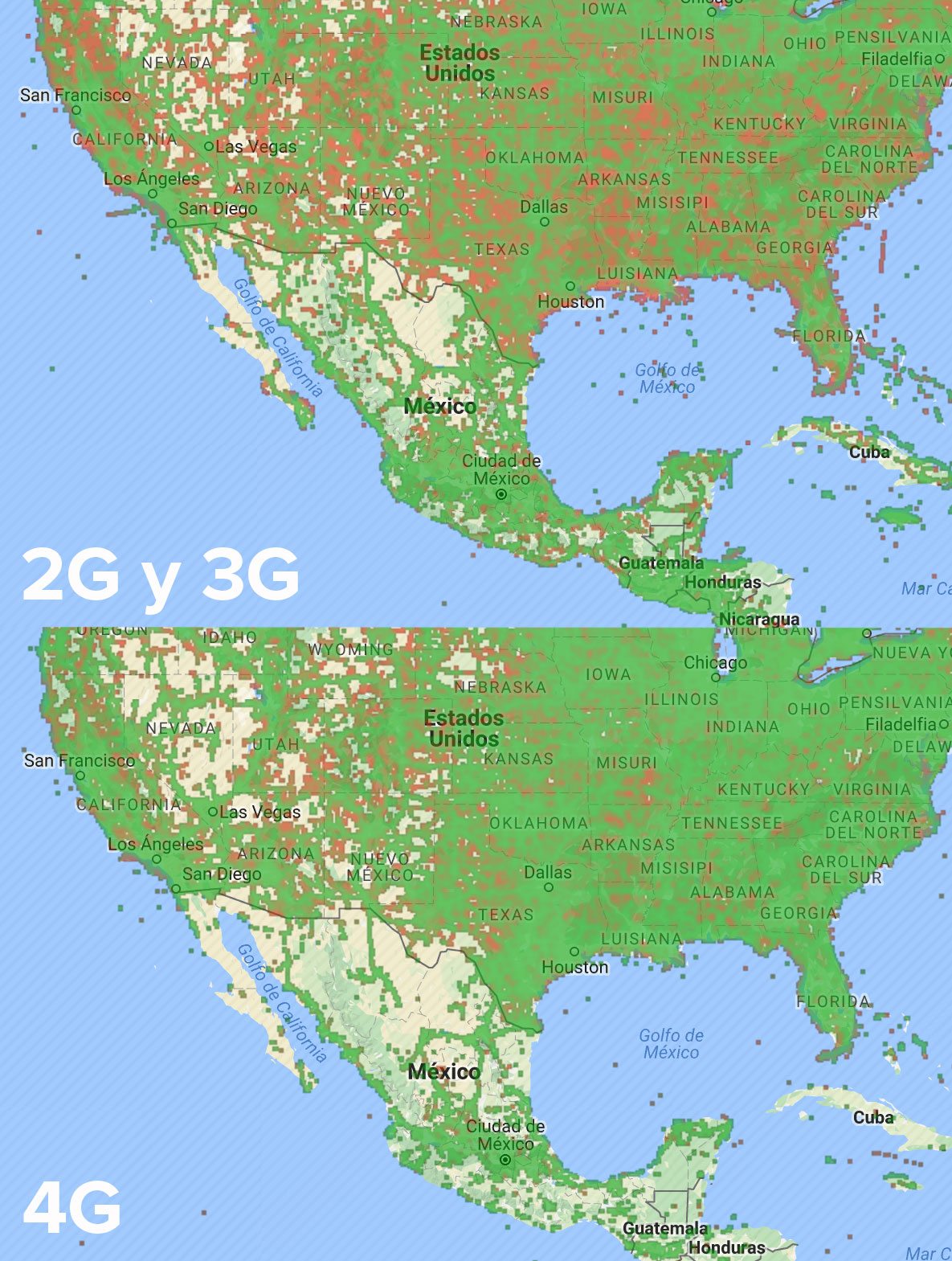 Comparativo de cobertura 2G y 3G frente a 4G, de acuerdo con datos de Open Signal.