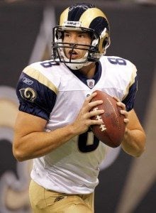 St. Louis Rams quarterback Sam Bradford warms up before taking on the New Orleans Saints during their NFL football game in New Orleans