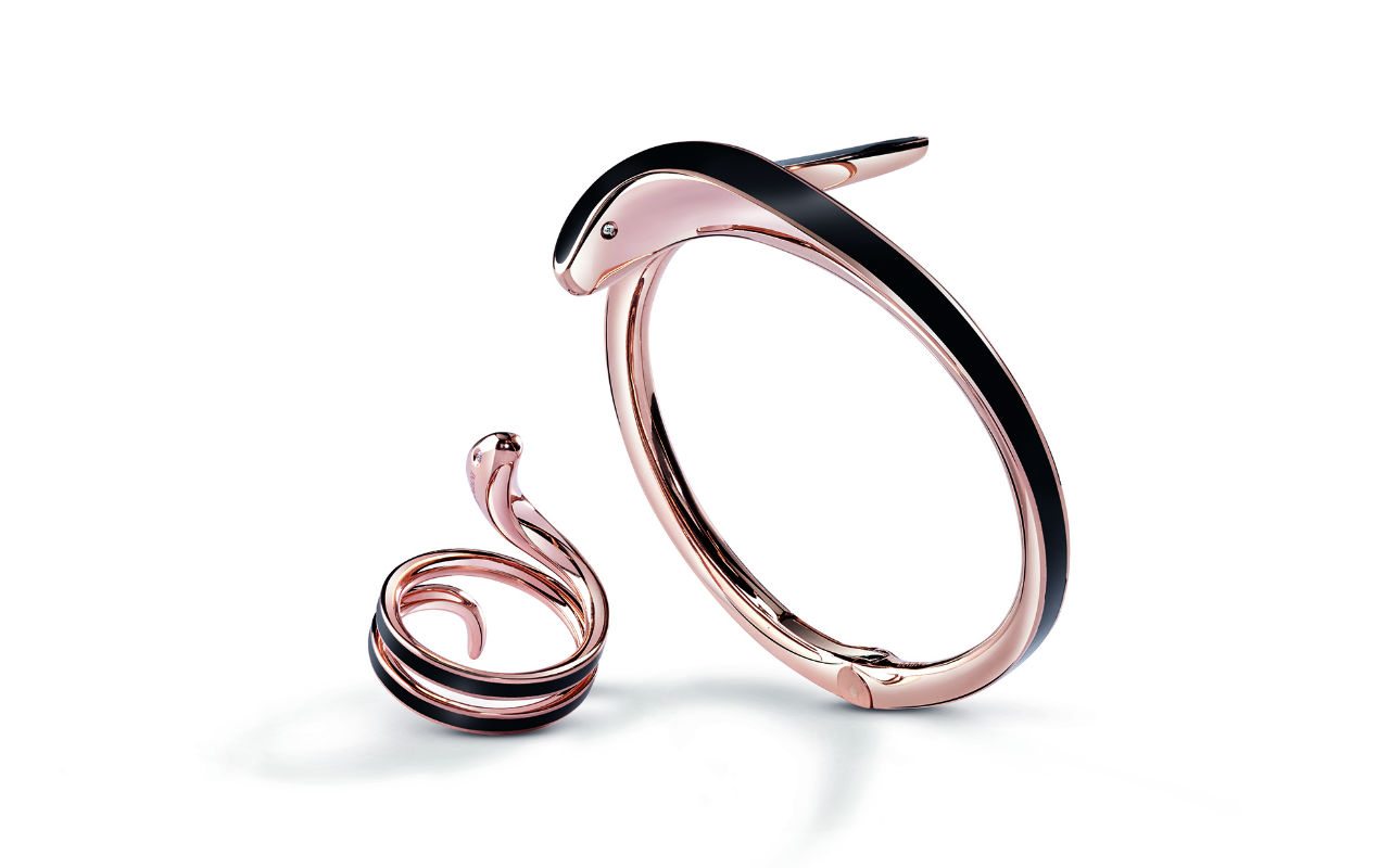 Damiani - Eden Groupage - bracelet and ring in black ceramic and pink gold